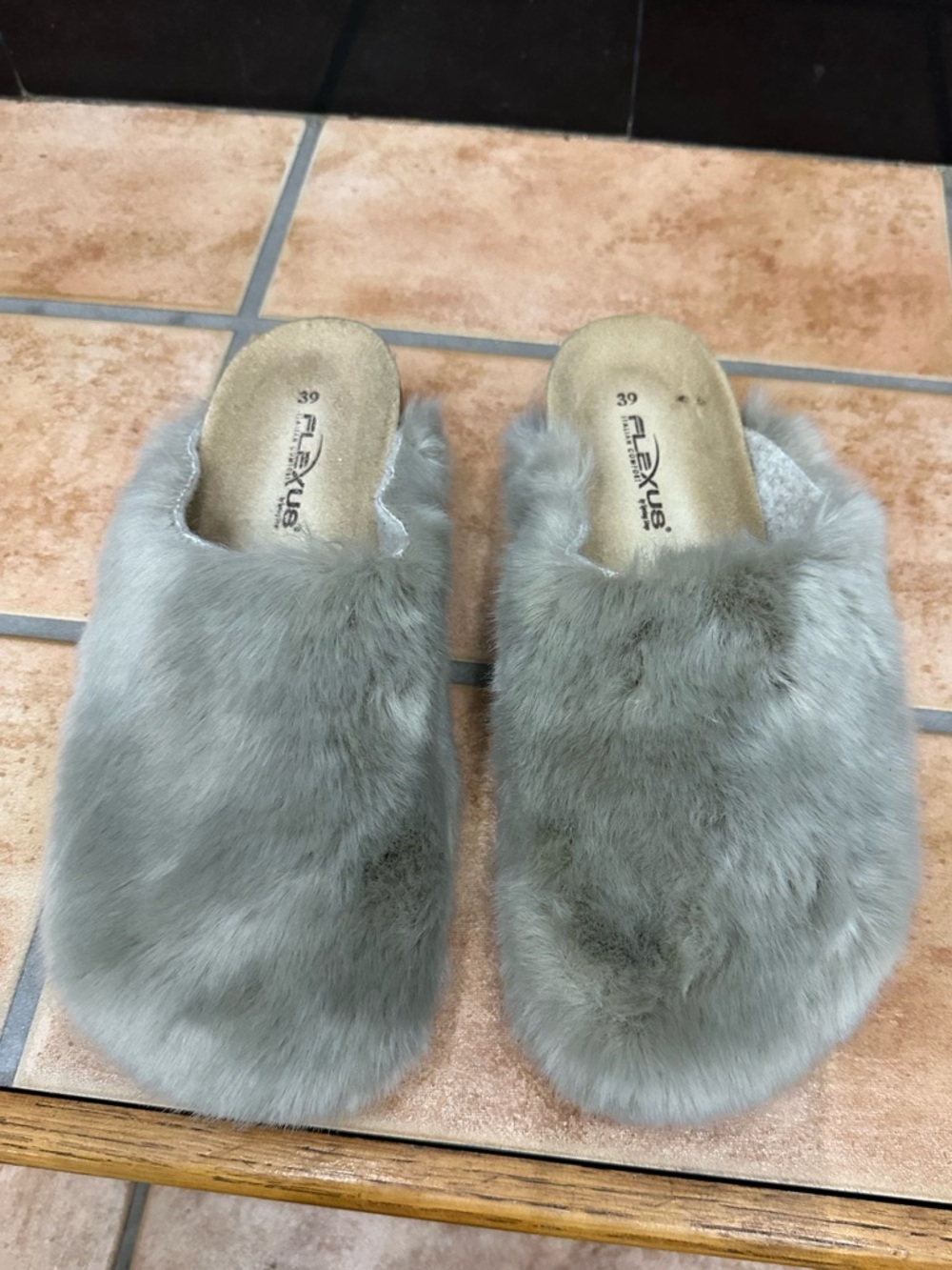Flexus by Spring Step Plush Grey Faux Fur Mules